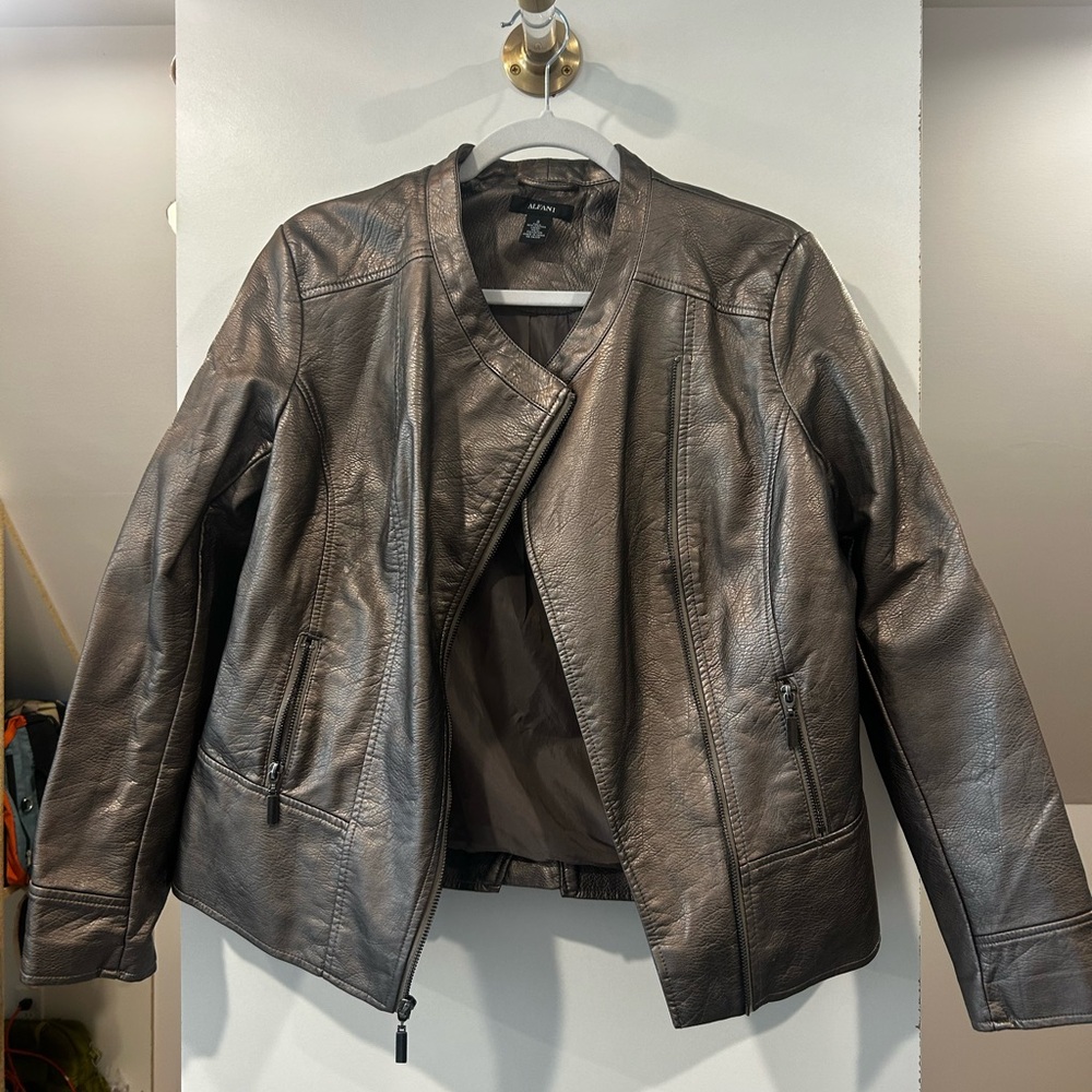 Alfani Fall Metallic Leather Moto Jacket Asymmetrical Design